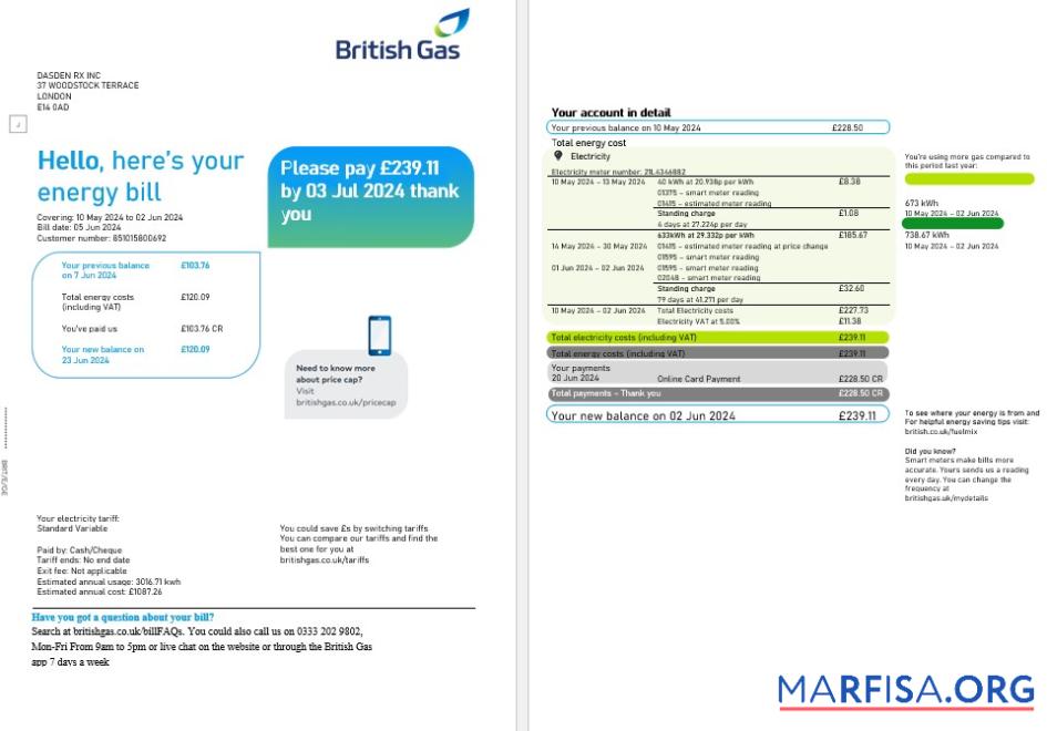 Realistic United Kingdom British Gas business utility bill, Word and PDF template, 2 pages
